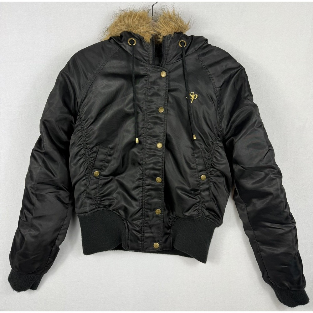 Vintage Southpole Bomber Jacket Womens Large Brown Y2K Faux Fur Hood Ruched Back